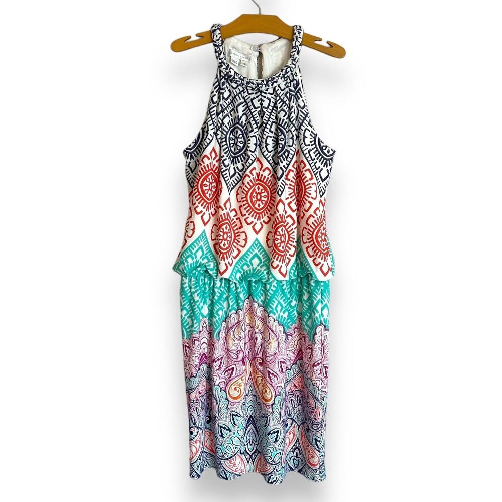London Times Mini Dress Size 4 Halter Multicolor Geometric Paisley Bohemian Y2K - Picture 14 of 16